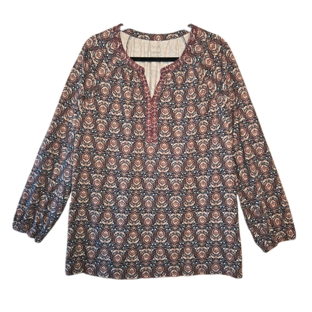 PureJill Embroidered Tunic Blouse Large Long Sleeve Split V-Neck Top Soft Knit